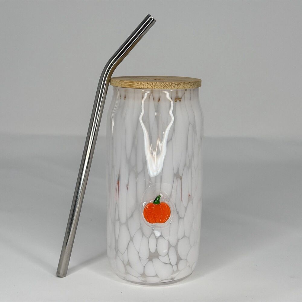 Anthropologie Halloween Juice Glass White Pumpkin Mystic Confetti Tumbler w/ Lid
